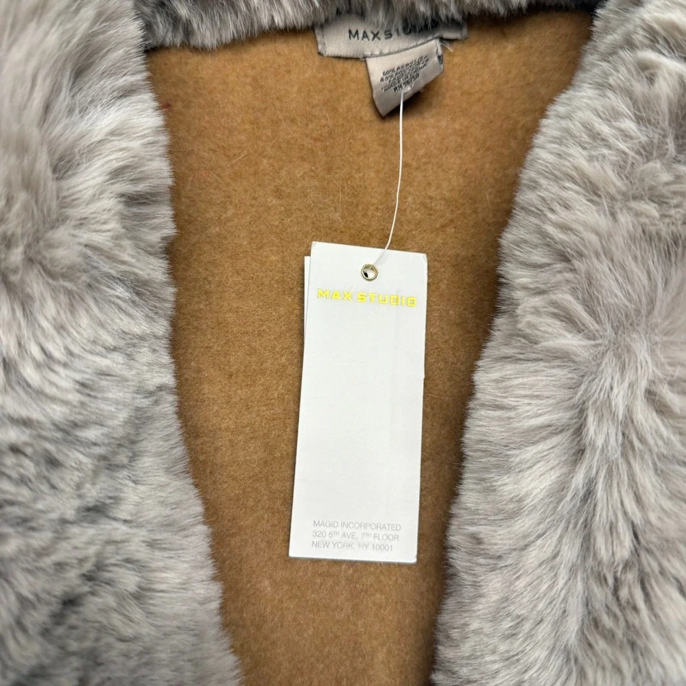 Max Studio Faux Fur Trim Poncho Scarf Cape Womens One Size Gray Camel Open Front